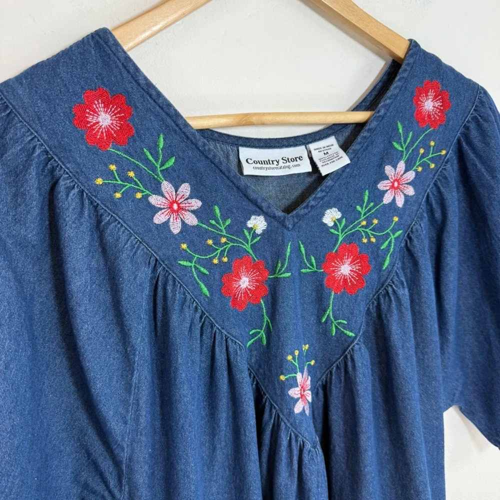 Country Store Embroidered Denim Dress‎ Size M Midi Boho Prairie Cottagecore
